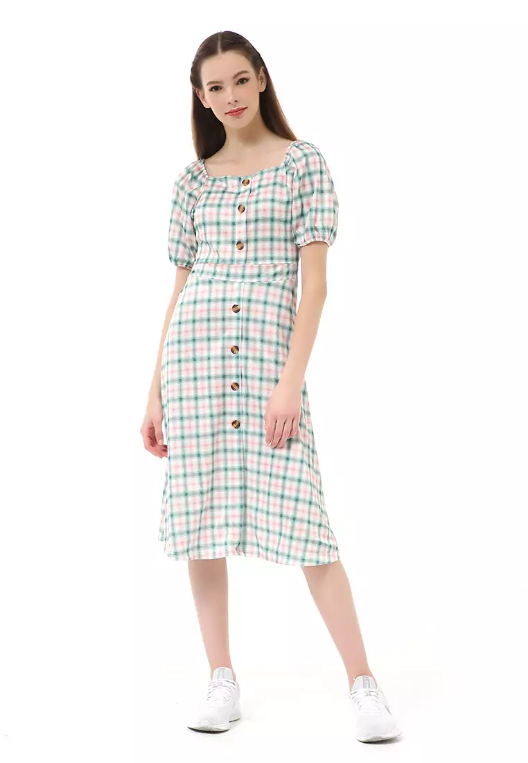 Rachel Dress Wanita Lengan Pendek Model Balon Plaid Motive Material Polyester ORIGINAL - Green