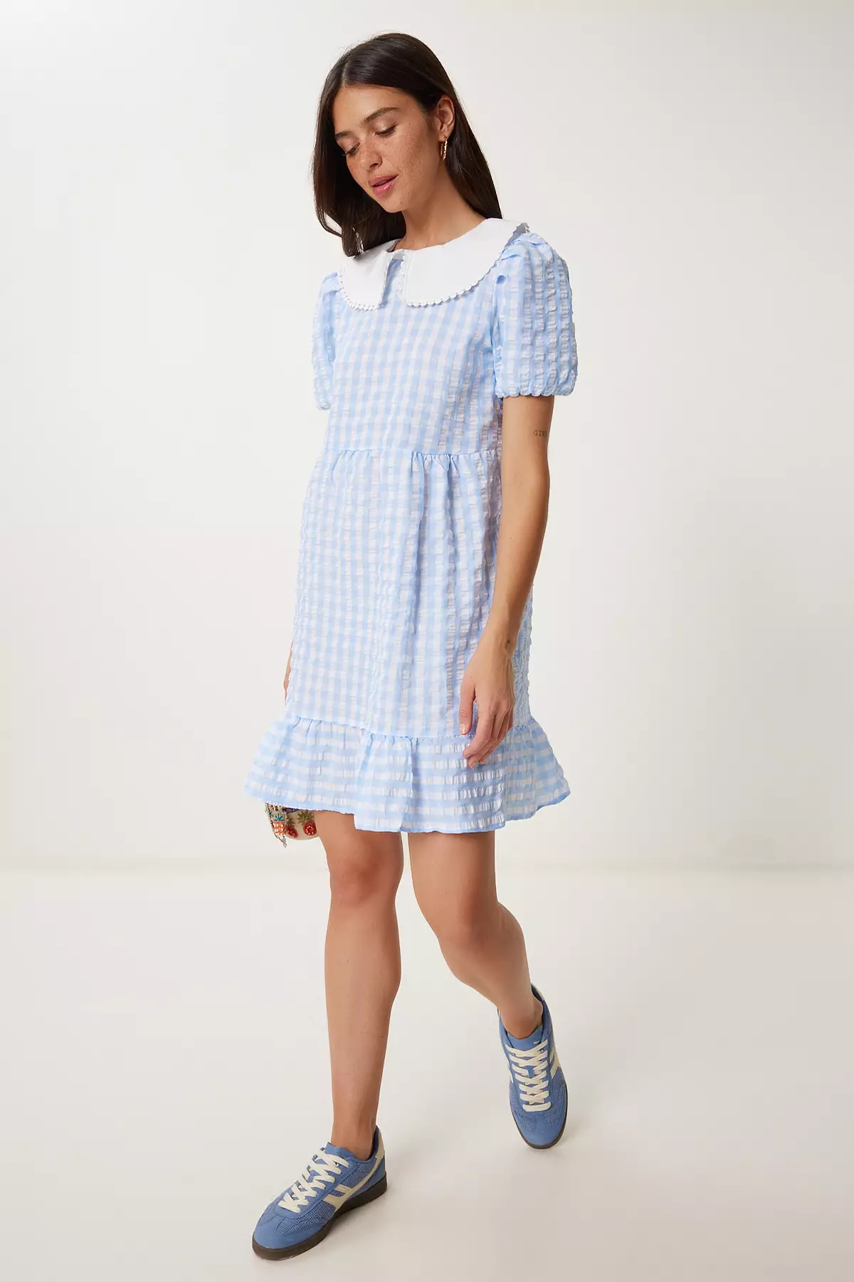 Women's Sky Blue Checkered Summer Mini Woven Dress Tp00058