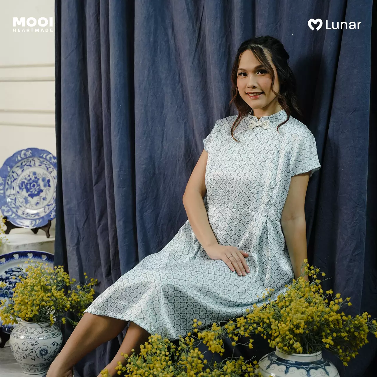 Mooi Dress Dewasa Lunar Collection Mei Gui Cheongsam Dress Adult - Trellis Blue