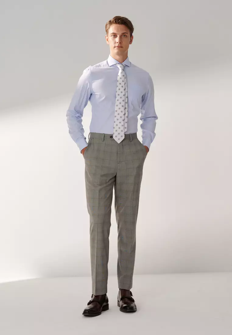 經典款淺灰威爾斯格紋修身西裝褲