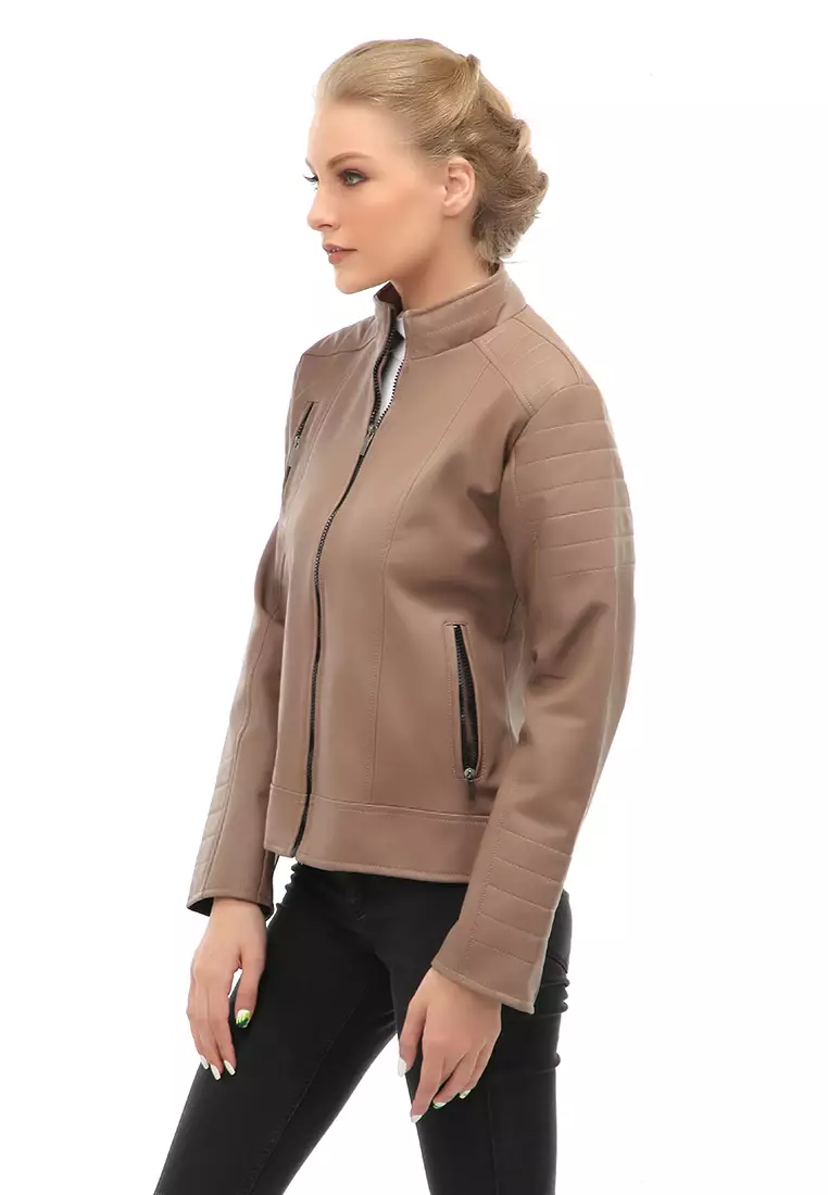 Glenice Jacket Outer Wanita Jaket Kulit Casual Simple Design Material Leather ORIGINAL - Mocca