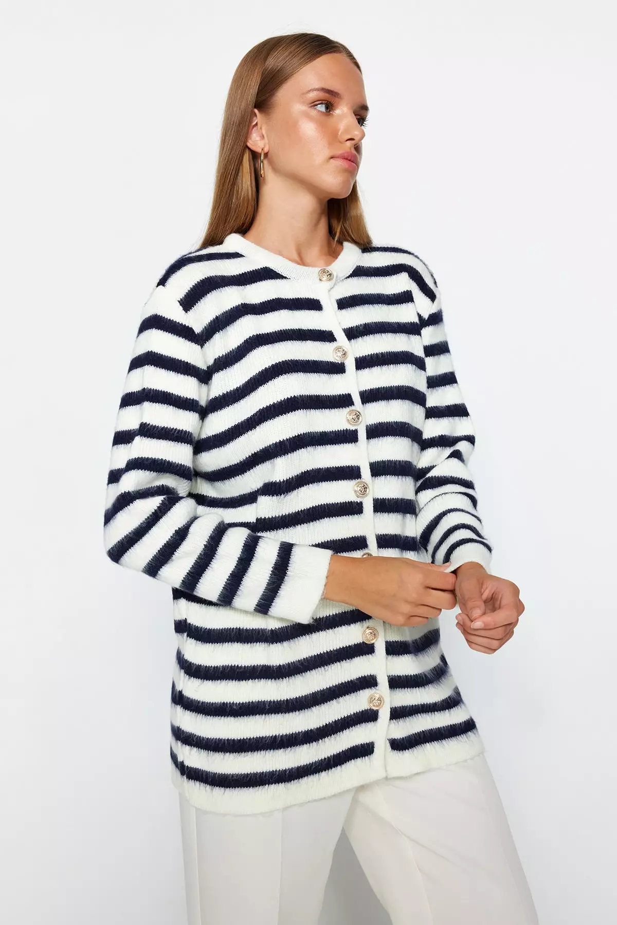 Buy Trendyol Ecru Navy Blue Striped Gold Button Detailed Soft