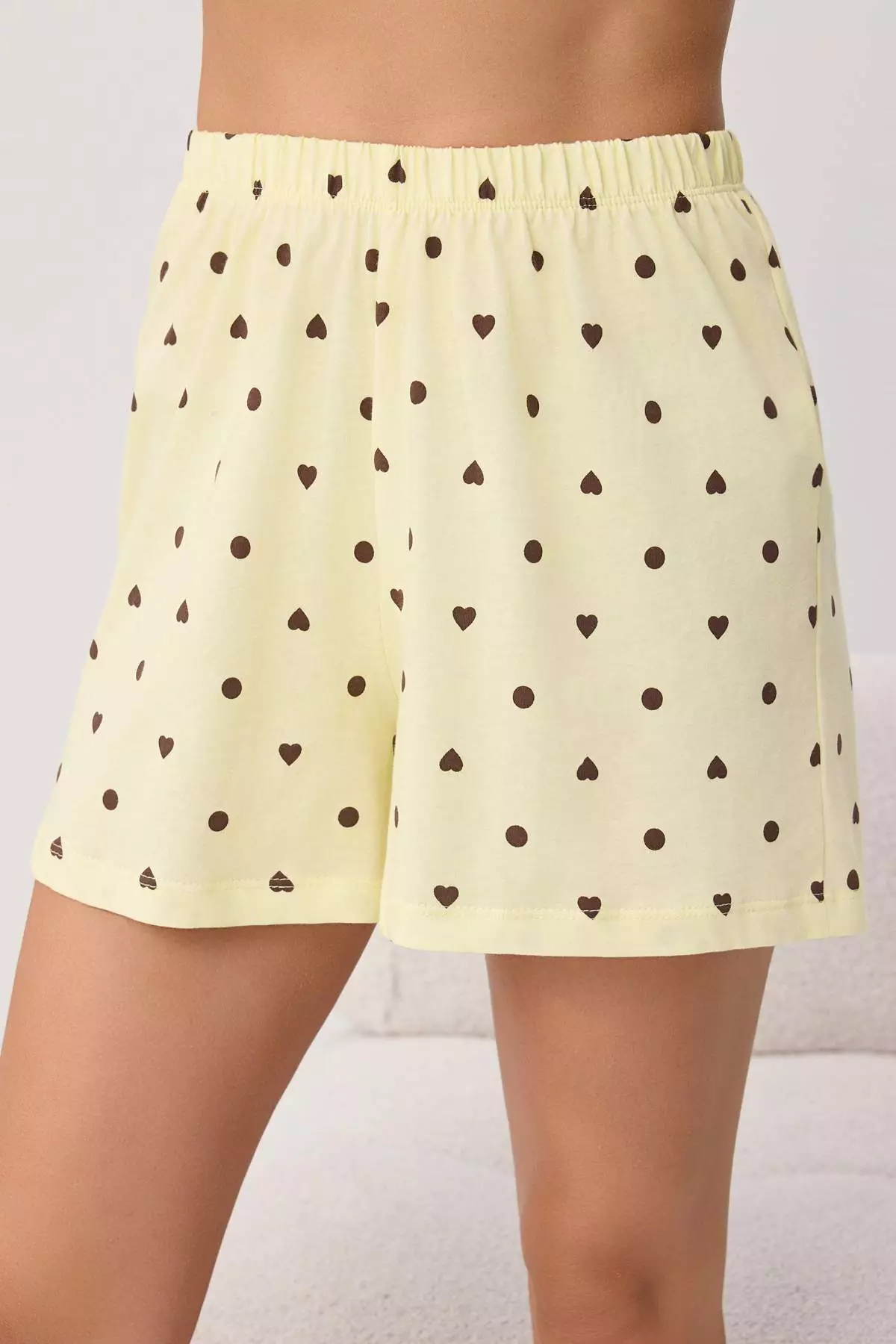 Yellow 100% Cotton Polka Dot And Heart Shorts Knitted Pajamas Set Thmss21Pt1485