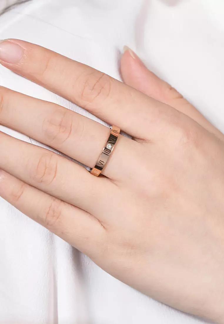 Roman Numerals Ring in Rose Gold Plated Titanium with Genuine 0.01ct Diamond - 7