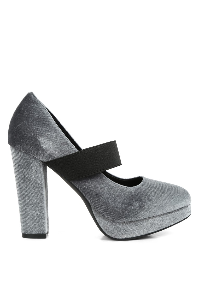 Grey High Block Heel Velvet Pumps