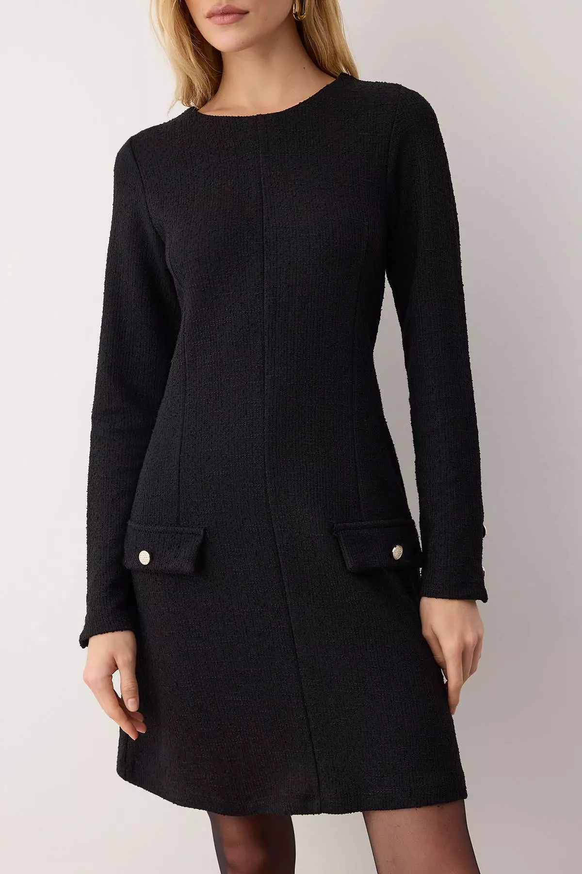 Black Plain Pocket Detailed Short / Mini Knitted Dress
