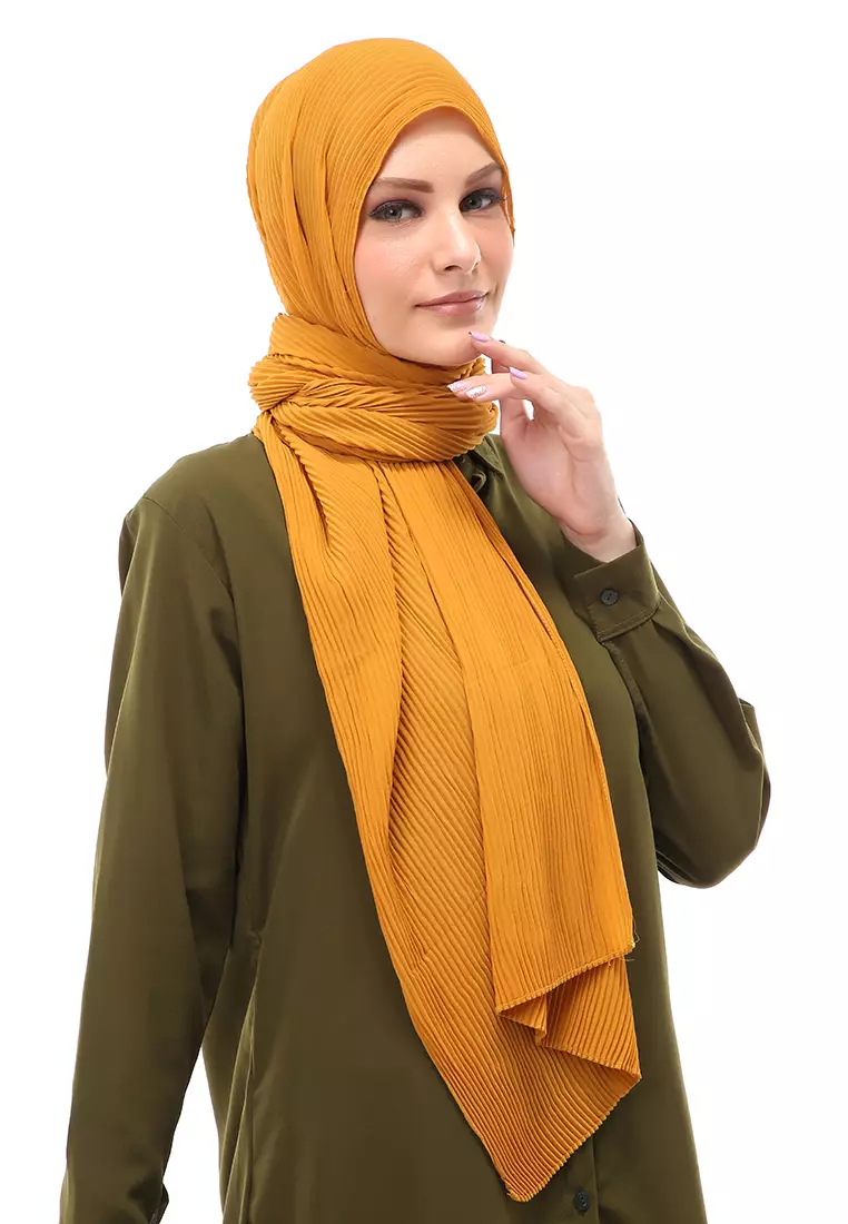 Melissa Pashmina Plisket Garis Hijab Wanita Relaxed Fit - Mustard
