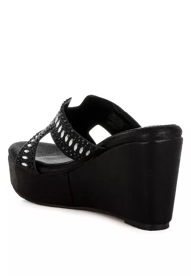 Diamante & Rhinestone Detail Cut-Out Sandals in Black