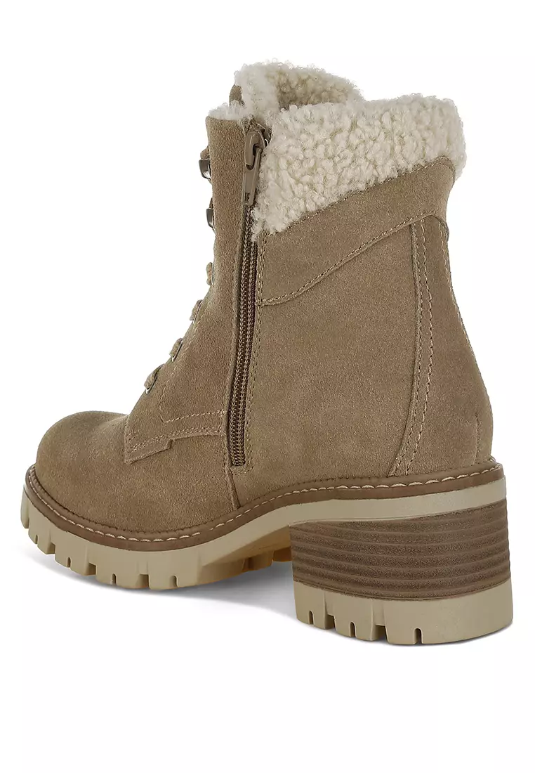 Fur Collar Chunky Ankle Boots in Beige