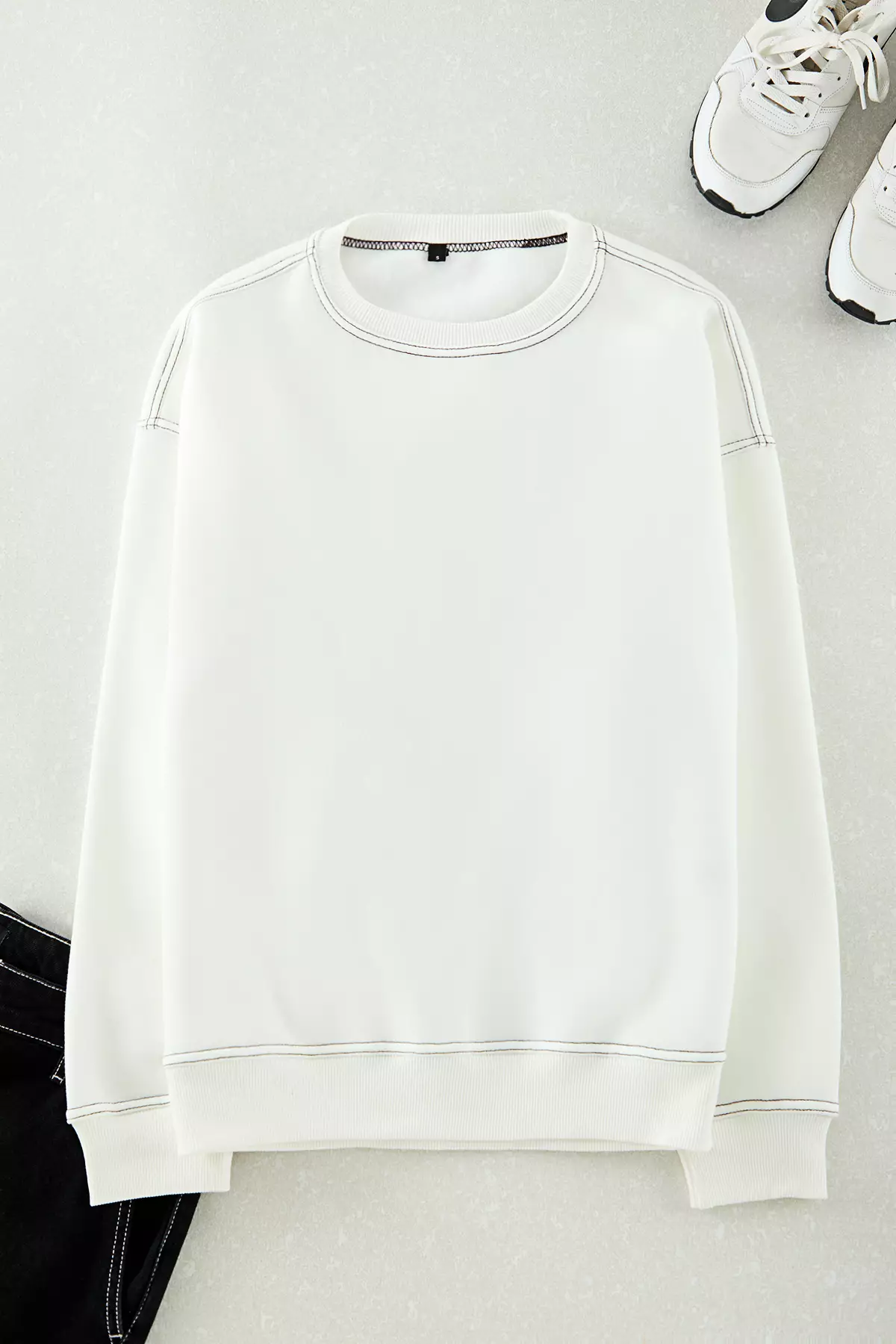 Ecru Fleece Oversize Sweatshirt - Crew Neck, Stitching Detail Tmnaw24Sw00011