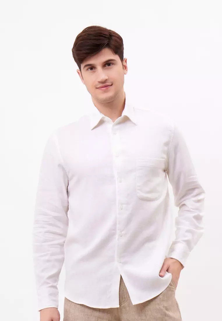 Panama Kemeja Linen Lengan Panjang Pria Putih | Long Sleeves Shirt Men White