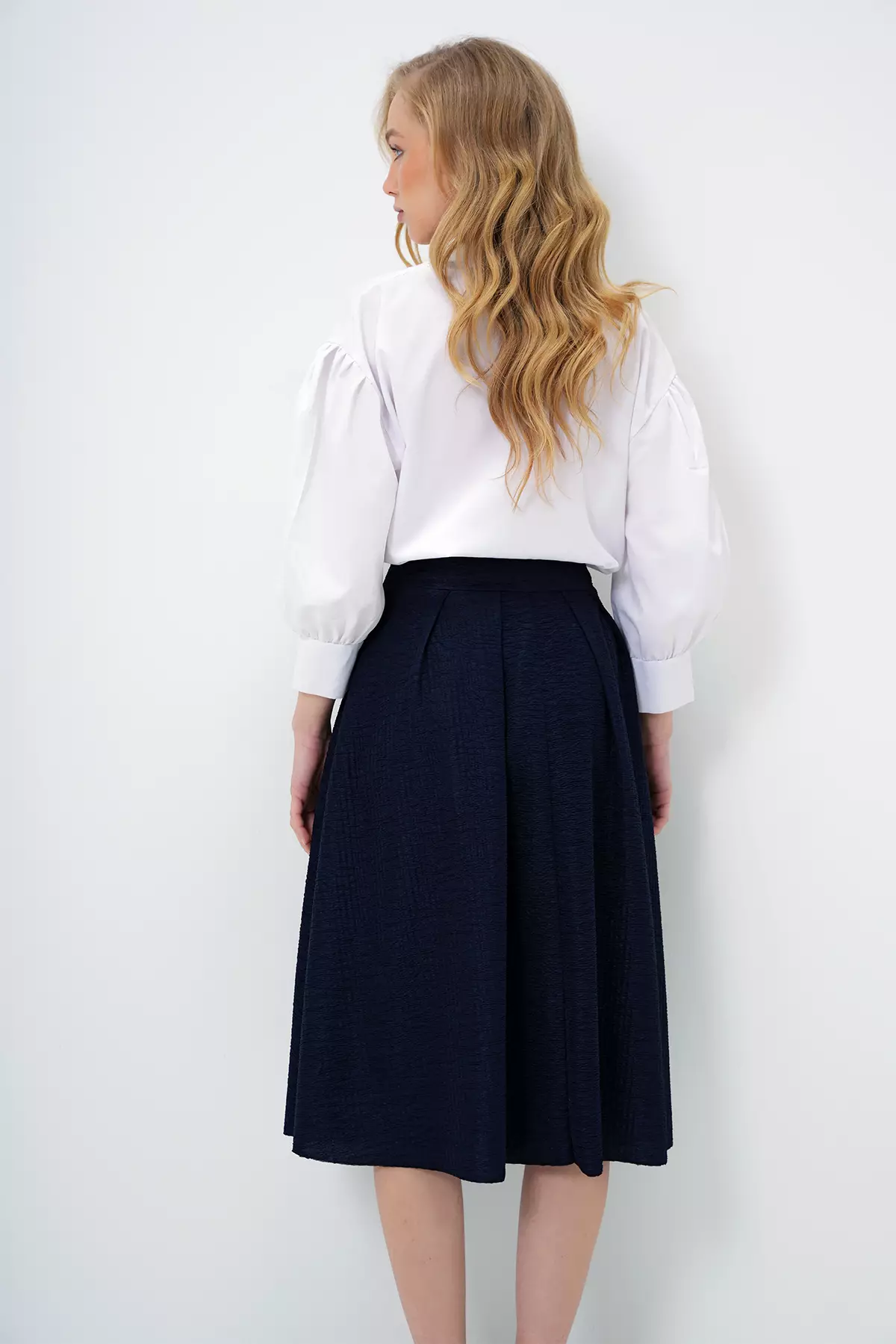 Women's Navy Blue High Waist Wide Belt Hidden Zipper Midi Length Textured Skirt Alc-X13473