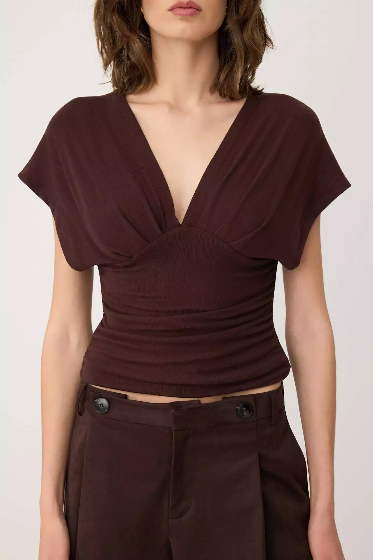 Brown Fitted/Body-Fitting Knitted Blouse With Gather/Drape Detail Twoss25Bz65