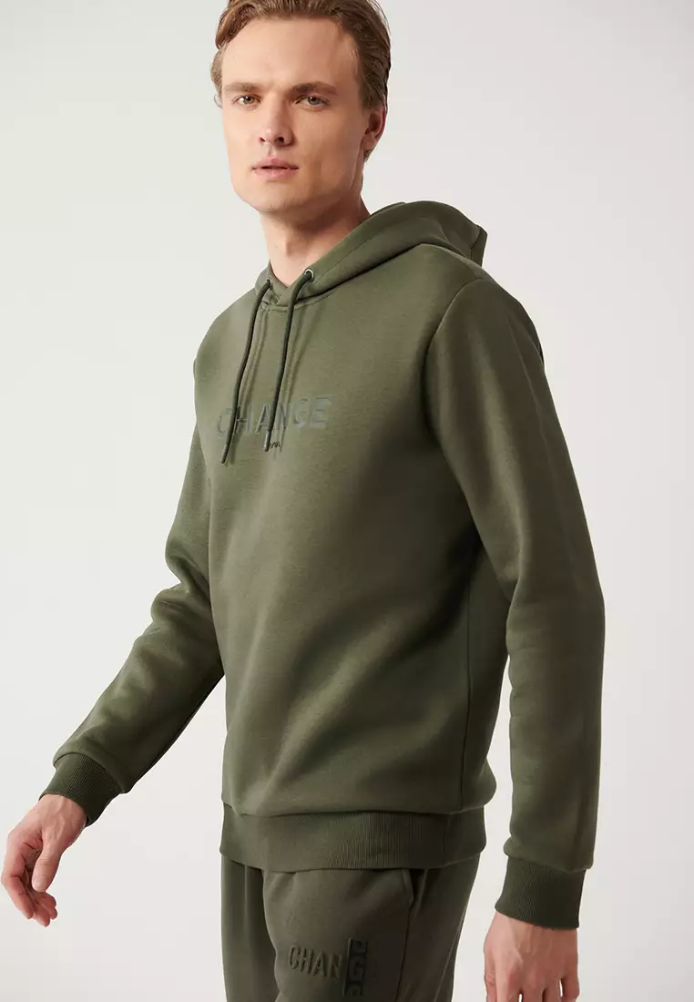 Men's Khaki Hooded 3 Thread Raised Printed Sweatshirt A32Y1240