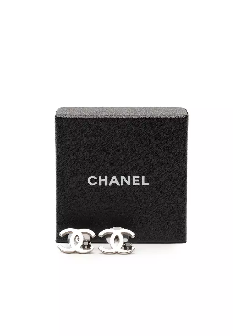 Pre-Loved Chanel Silver Plated Cc Rhinestone Push Back Earrings