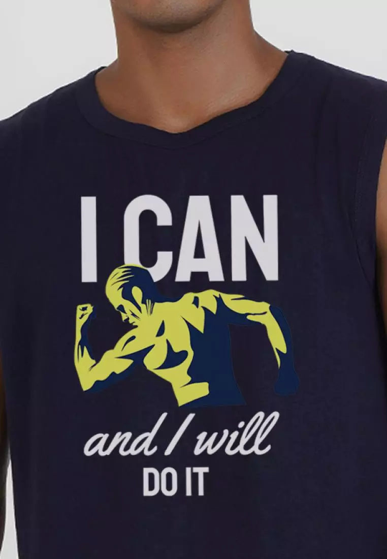 I Can Do 海军蓝棉质无袖健身/训练背心