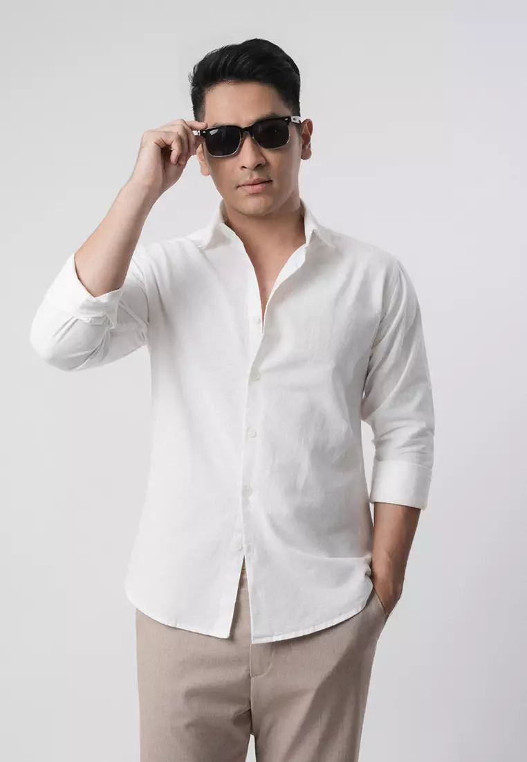 Linen Blend Slim Fit Shirt - White LS