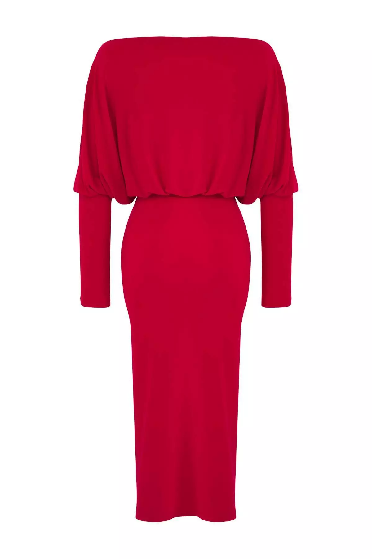 Red Plain Asymmetrical Single Sleeve Waist-Fitting Flexible Midi Knit Dress Twoaw25El00110