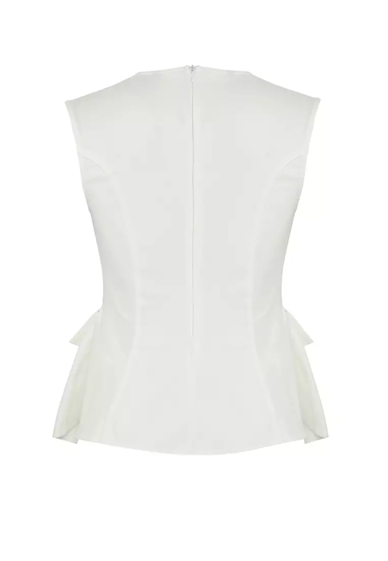 Ecru White Cotton Gabardine Peplum Fitted Pocket Detailed Woven Blouse TWOSS25BZ00538