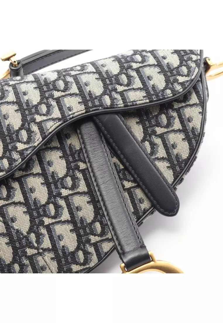 Pre-Loved Christian Dior saddle bag mini oblique jacquard Handbag canvas leather ivory Navy