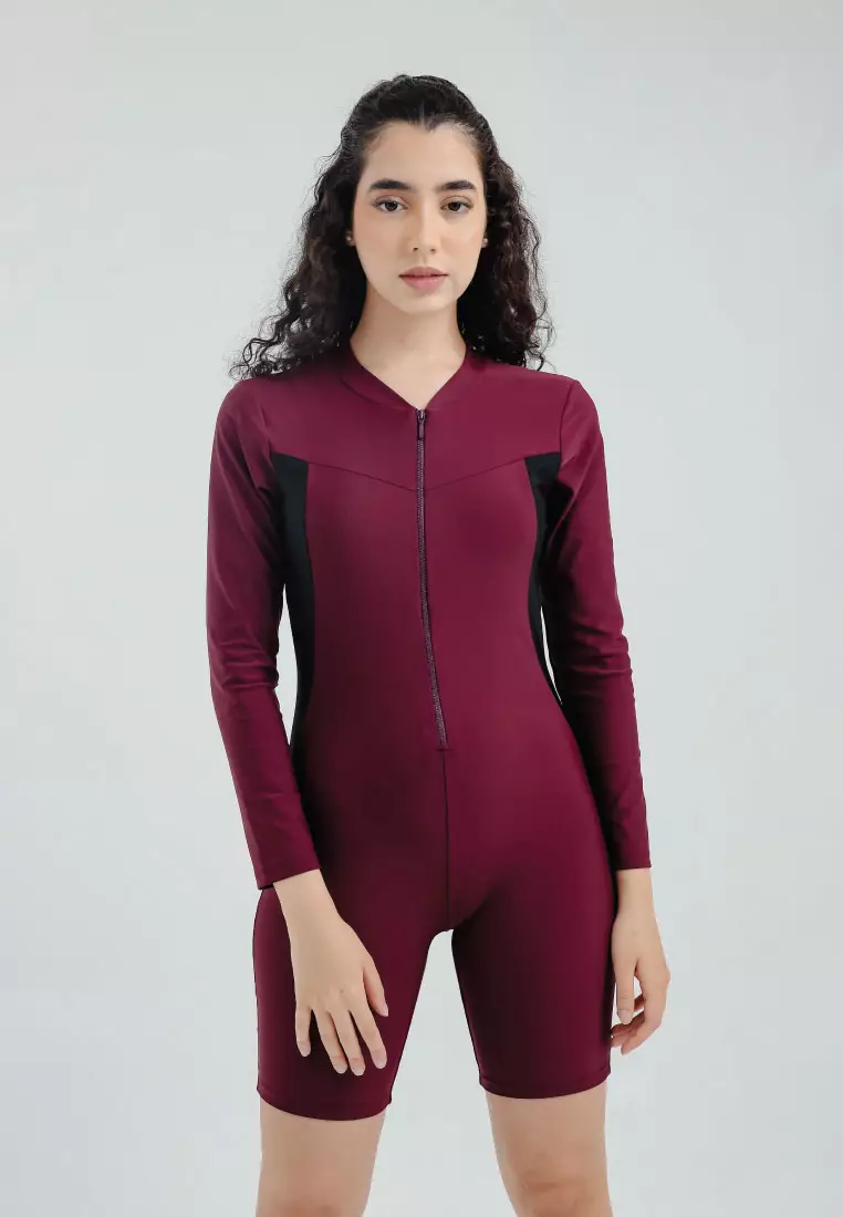 Shea Long Sleeve Diving, Baju Renang Wanita - Maroon