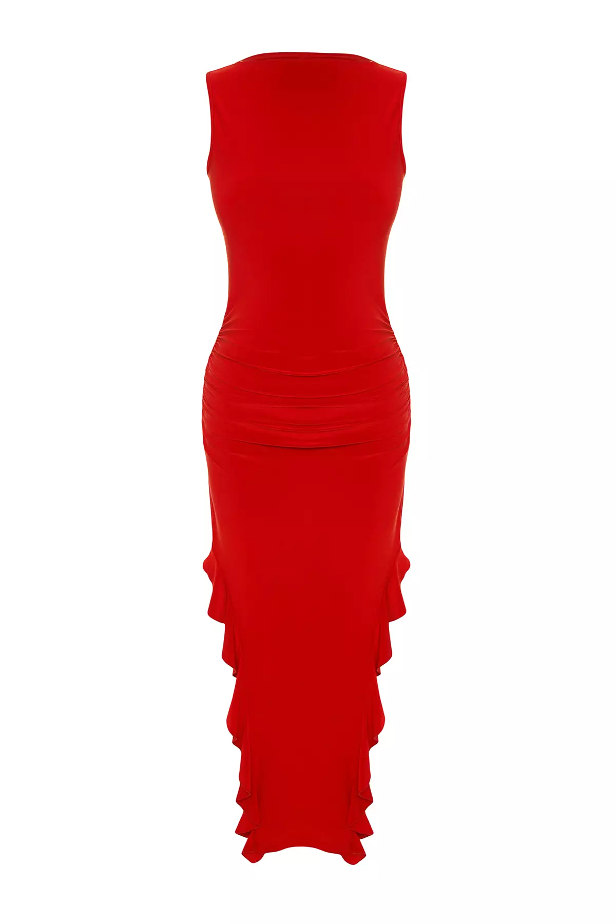 Sleeveless Boat Neck Ruched Midi Dress