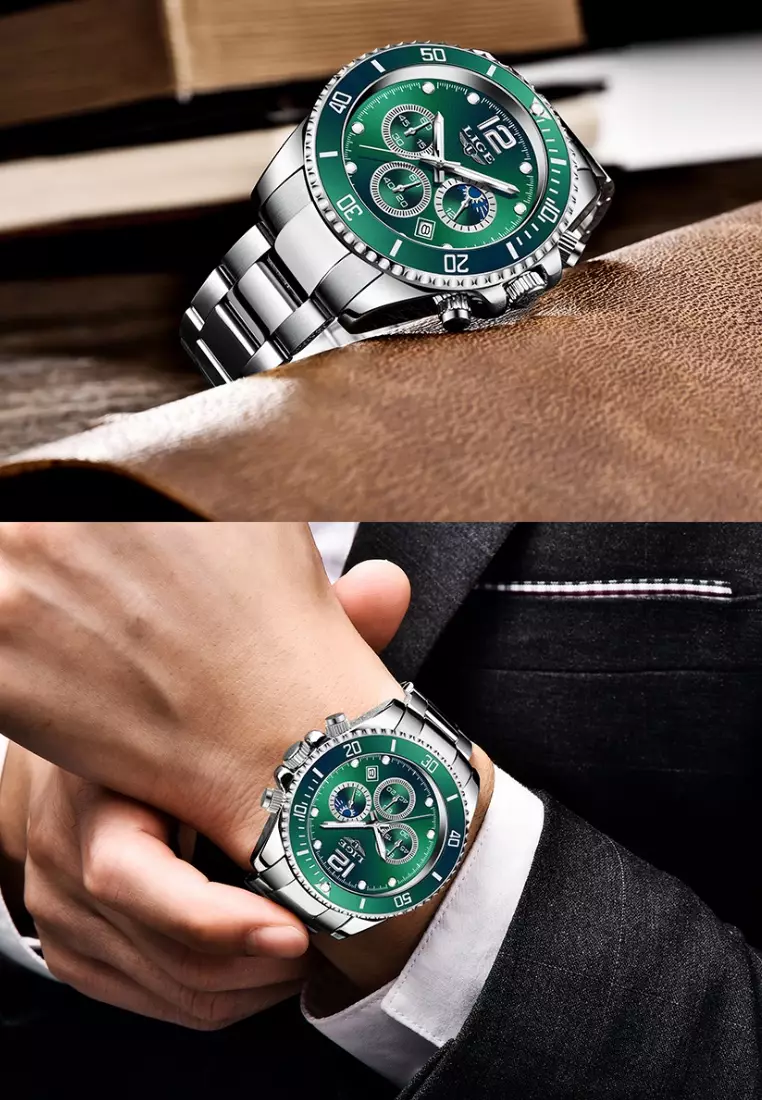 Unisex Chronograph Diver's Stainless Steel Quartz Watch with turning Bezel on Steel Bracelet