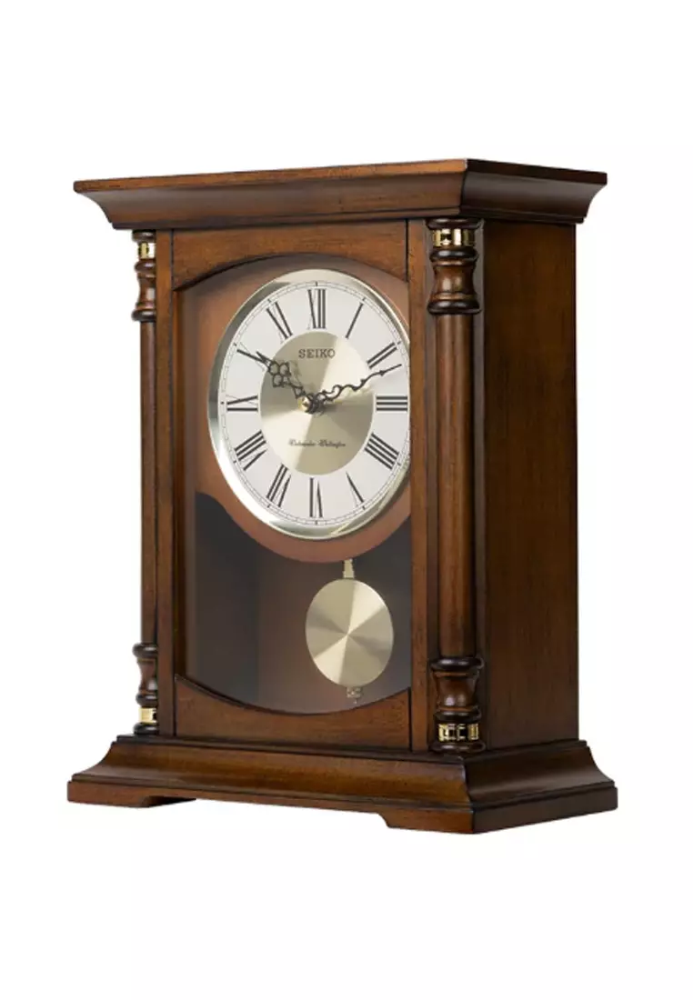 Jam Meja Seiko QXQ034 QXQ034B Wooden Case Wiping Brown Color Gold White Dial Chimes Pendulum Standing Mantel Clock Original Garansi Resmi