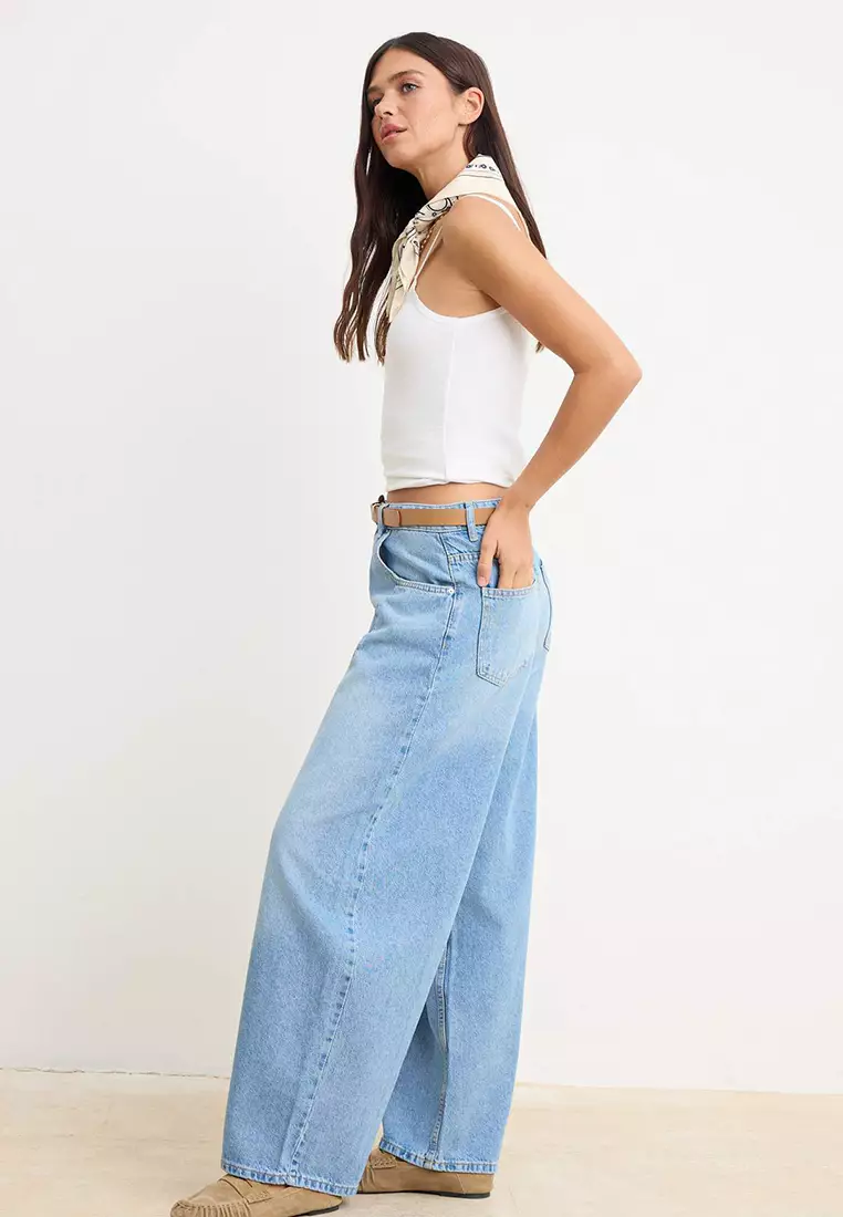 Light Blue Draped High Waist Baggy Jeans With Stitching Detail Twoss26Je8