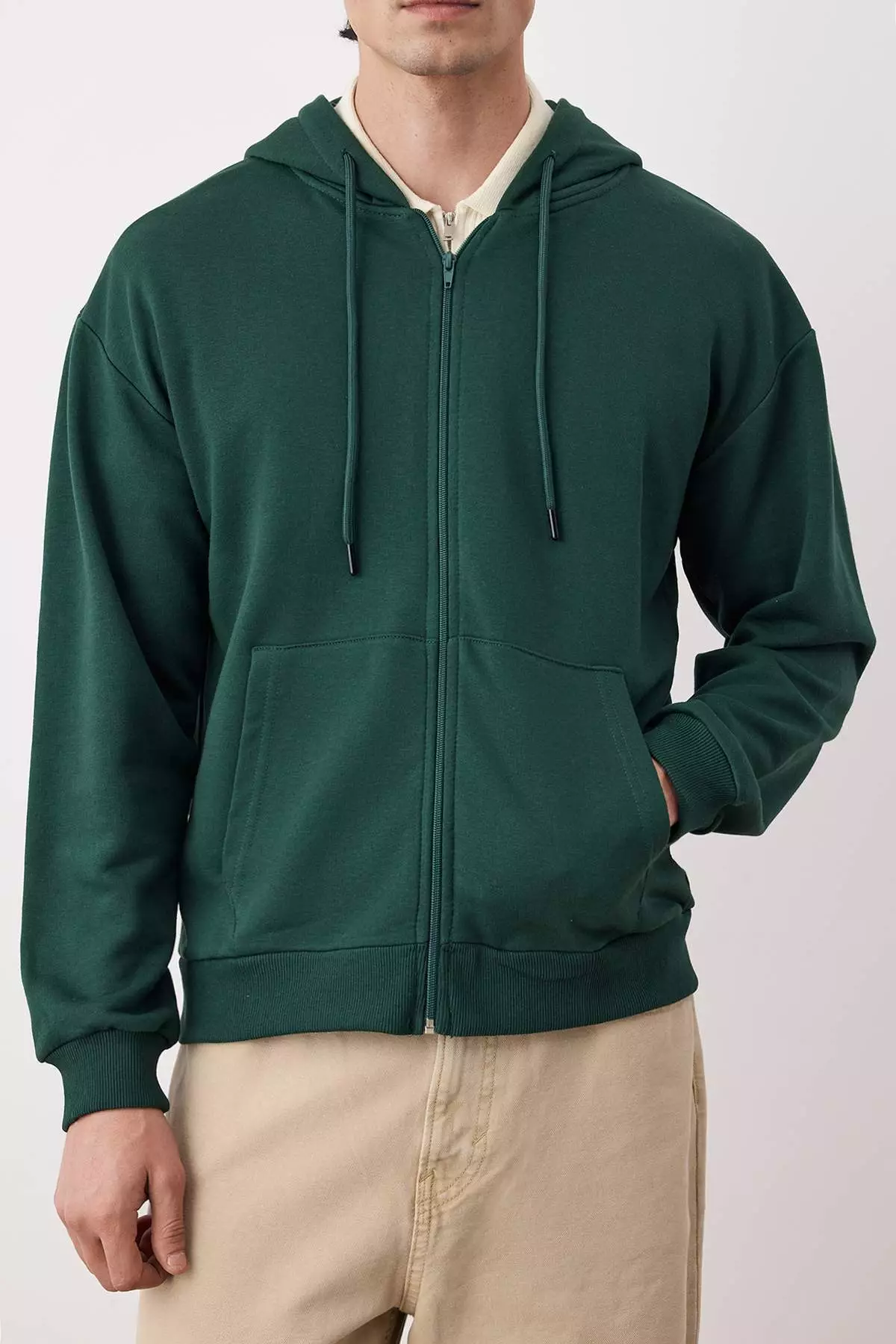 Dark Green Oversize/Wide Cut Zippered Basic Non-Raising Sweatshirt-Cardigan