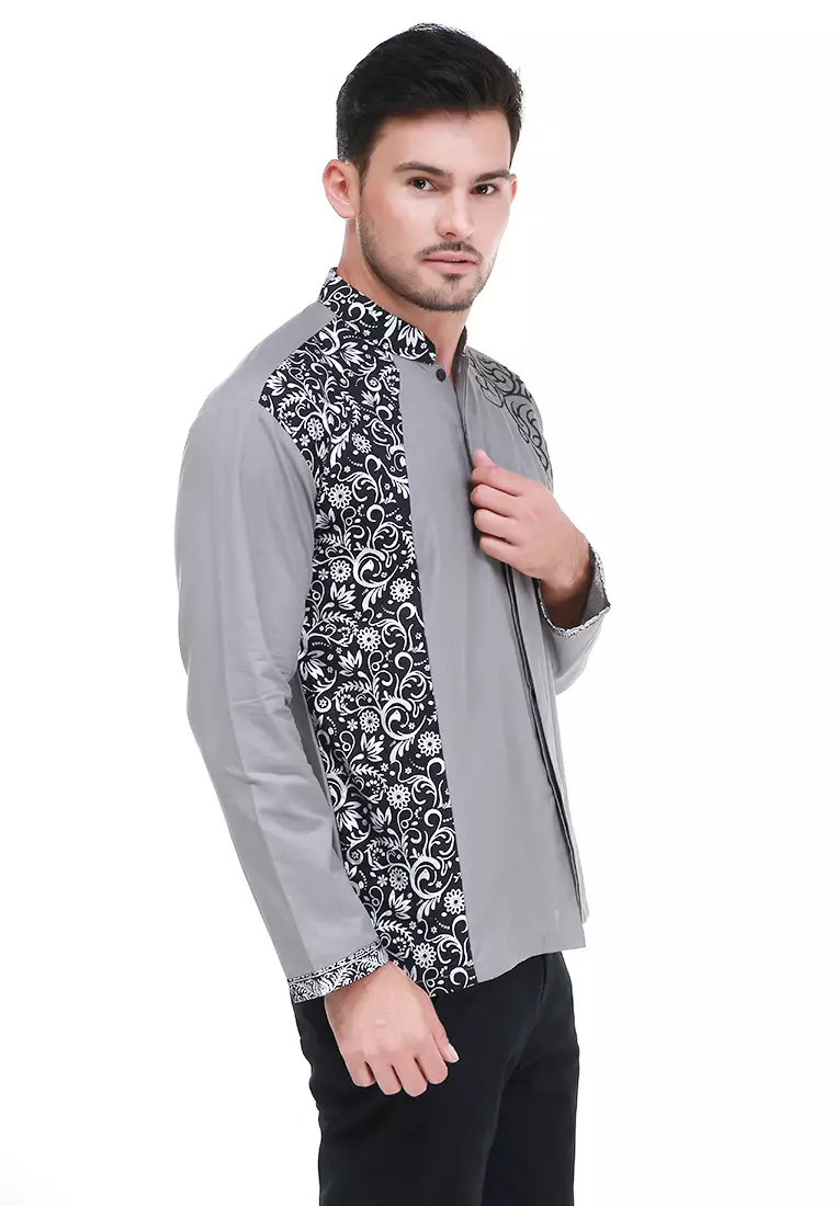 Dwan Kemeja Batik Pria Simple Atasan Formal Longsleeve Shirt Material Cotton ORIGINAL - Grey