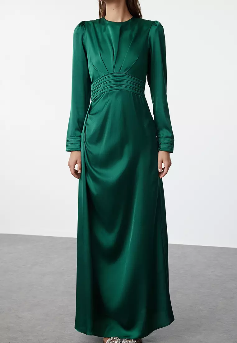 MODEST Gathered Satin Evening Dress