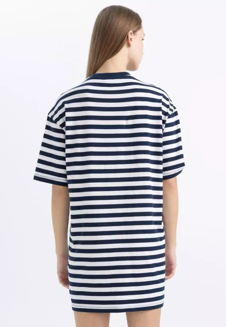 Jual DeFacto Cool Oversize Striped Combed Cotton Short Sleeve Mini