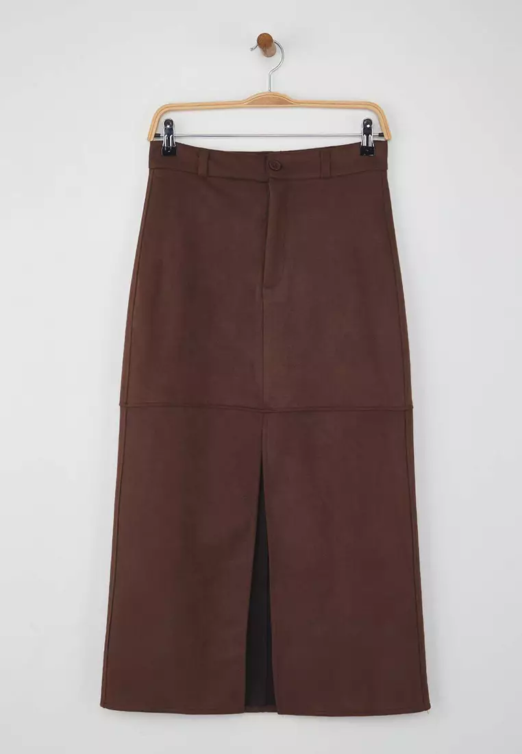Brown Suede Buttoned Zippered A-Line/Flare Maxi Knit Skirt Twoaw26Et00010
