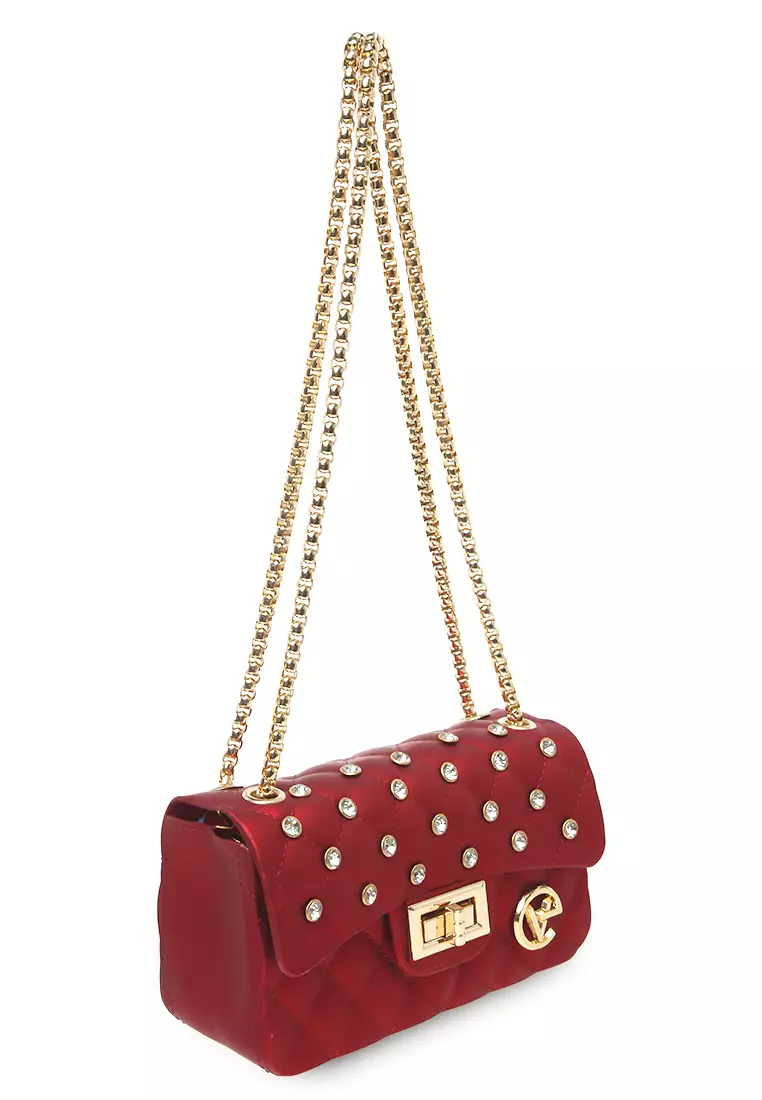 Ives Slingbags Women Tali Rantai Hiasan Diamond Casual Tas Jelly Premium Quality - Maroon