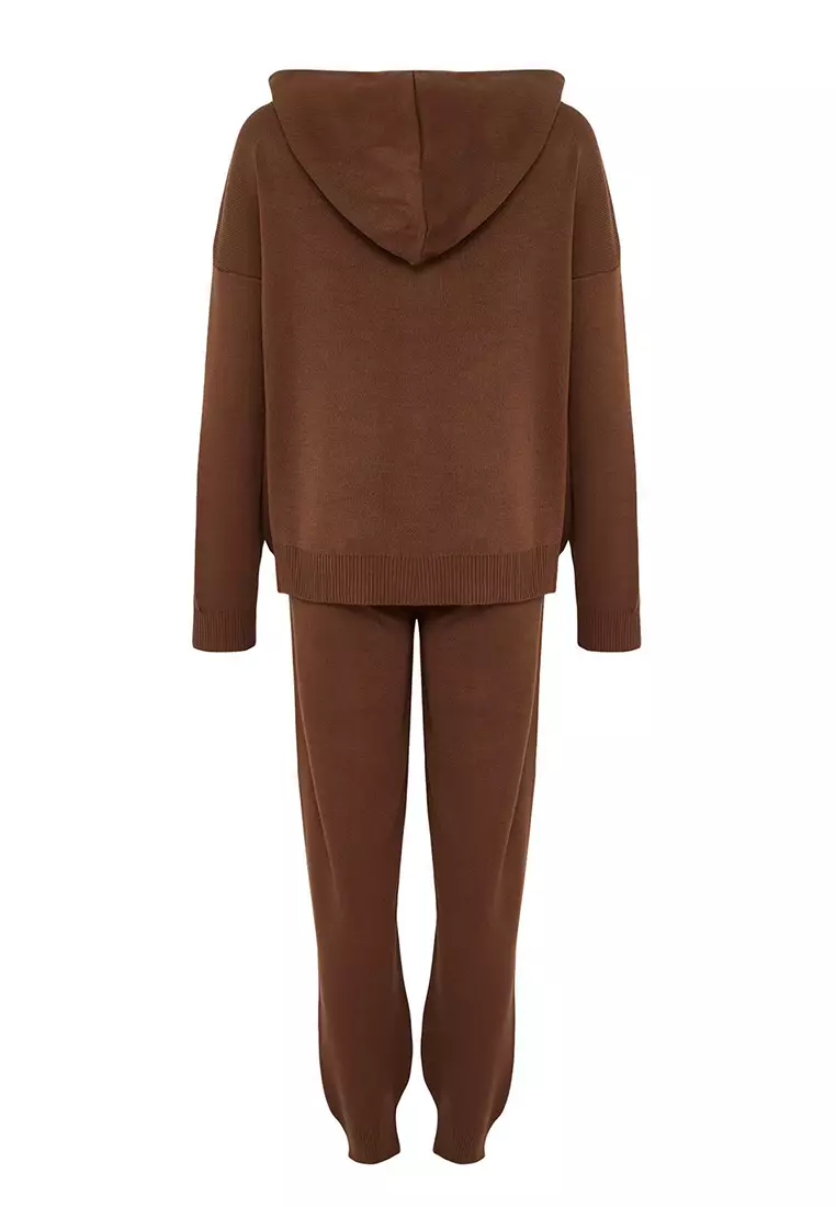 Brown Hooded Ethnic Pattern Knitwear Bottom Top Set