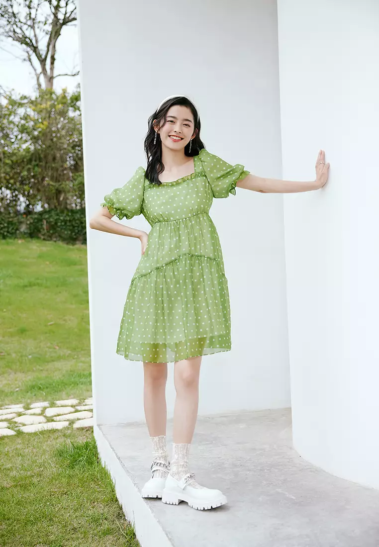 Puff Sleeve Square Neck Polka Dot Dress