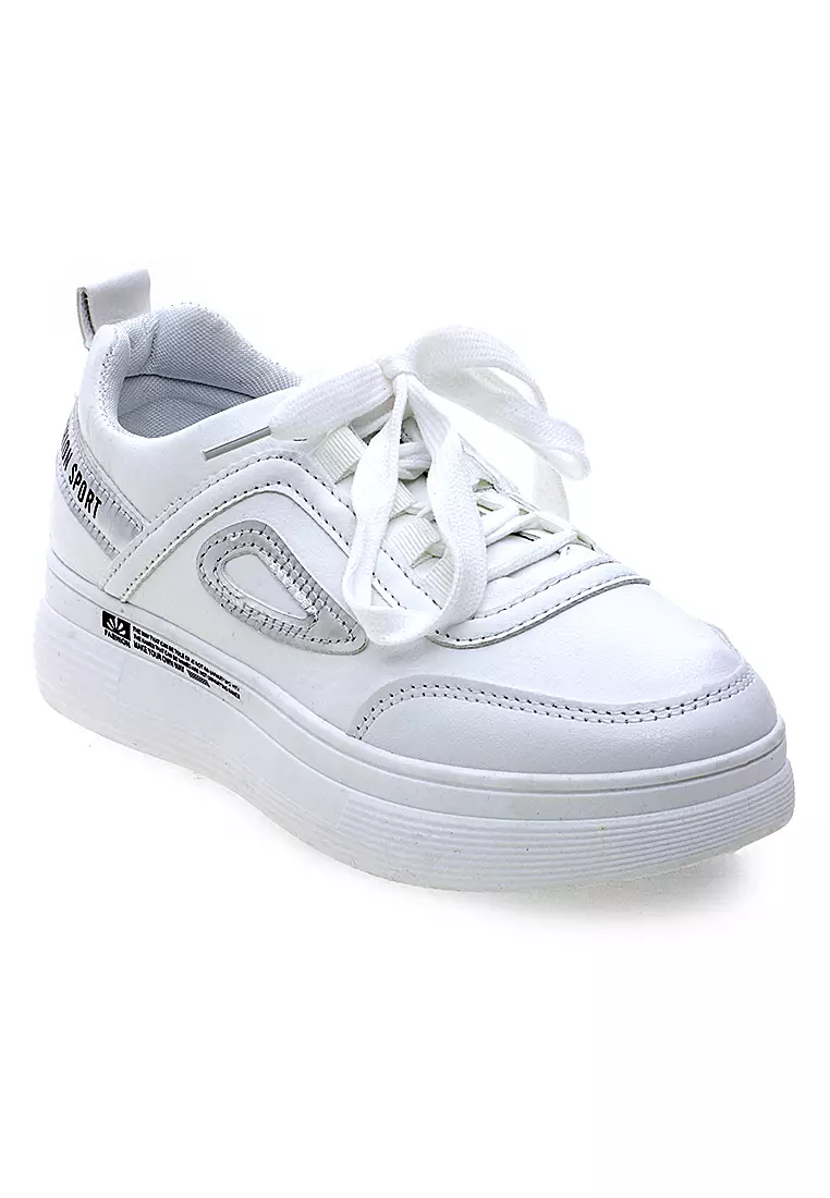 Sepatu Running Wanita Tali Ikat List Design Simple - White Silver