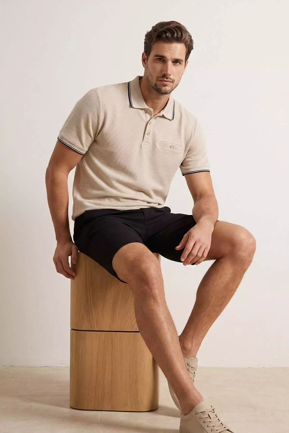 Beige Regular Polo Neck Textured Polo Neck T-Shirt Tmnss26Po00021