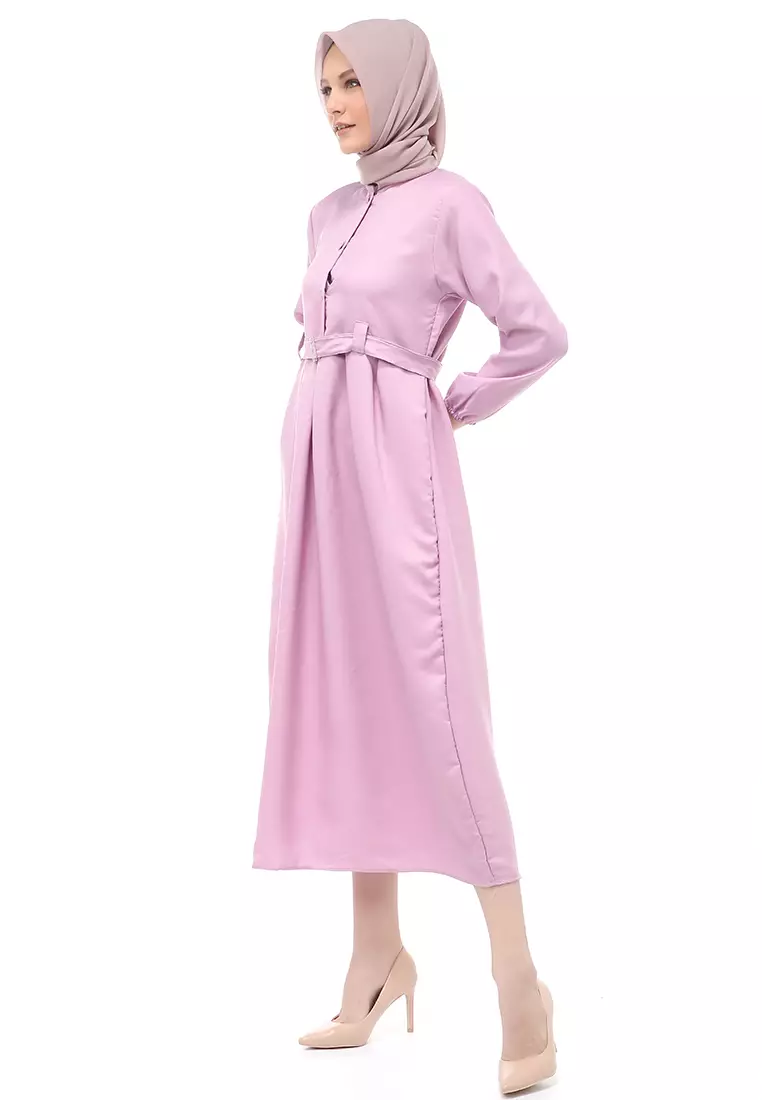 Berliana Gamis Muslimah Wanita With Belt Motif Polos Long Sleeve Relaxed Fit - Ungu Lilac