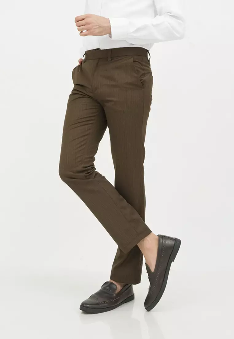 Celana panjang slimfit pria kerja formal garis halus coklat houseofcuff