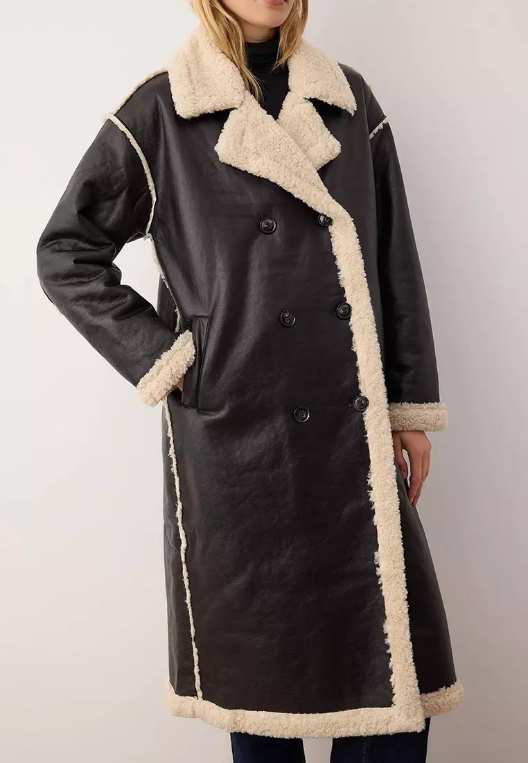 Black Double-Sided Plush Mono Closure Oversize Long Faux Leather Coat