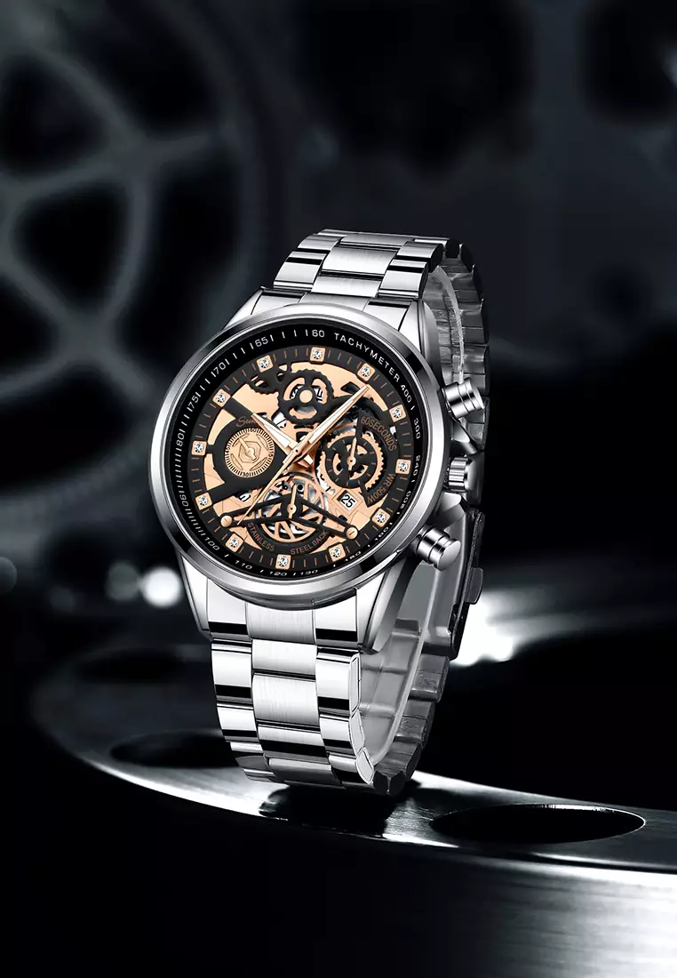 Jam Tangan Pria 3352 Bercahaya Dial Berongga Santai Mode Tali Stainless Steel Kalender Jam Tangan Cowok silver