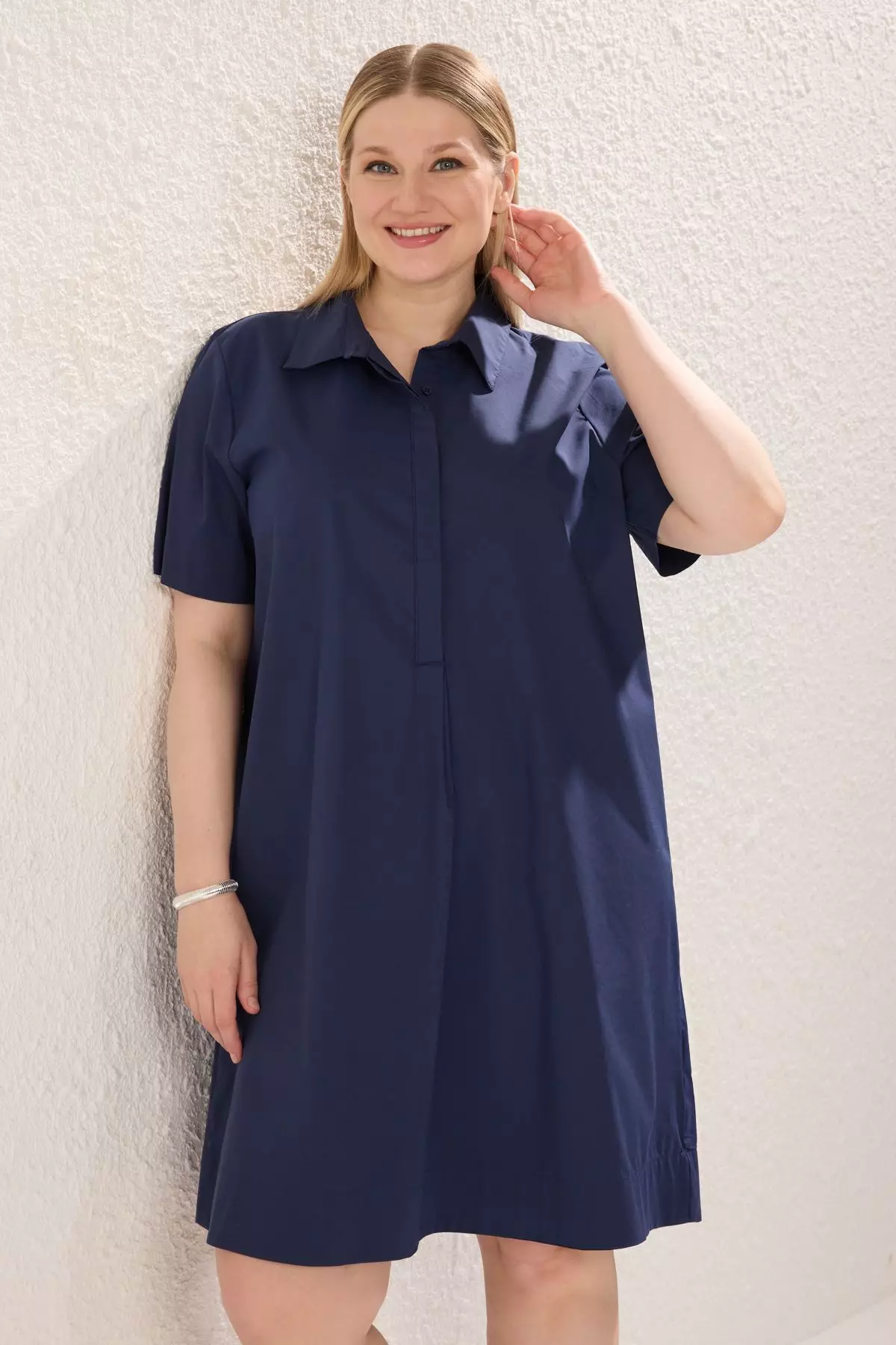 Short Sleeve Summer Hidden Placket Weaving Plus Size Shirt Dress