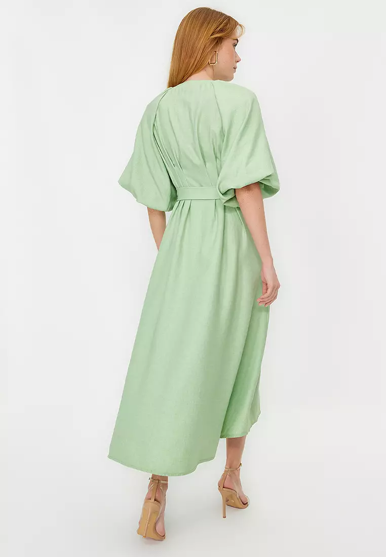 Belted Half Balloon Sleeve Shirt Dress
