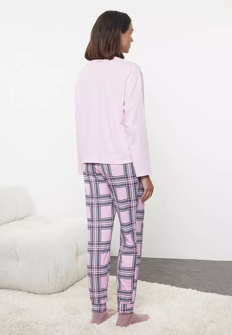 Pink-Multicolored 100% Cotton Winter Themed Plaid Knitted Pajama Set THMAW25PT00121