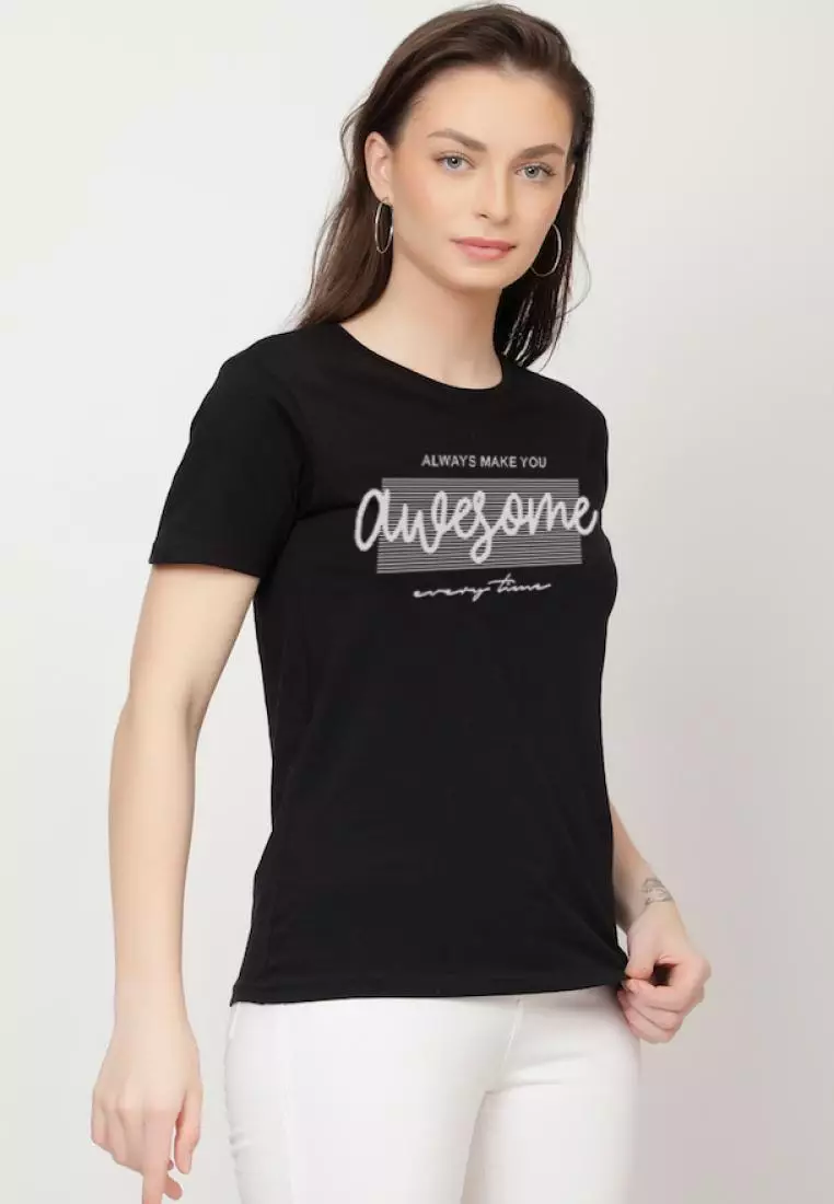 Always Awesome Relaxed Short Sleeve Stylish Black Cotton Casual Graphic Print Tee/TShirt