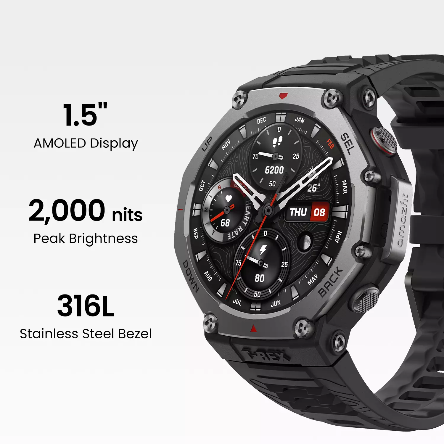 Amazfit T-Rex 3 Onyx 48mm | 27 Days Battery | 170+ Sports Modes | Water Resistance 10 ATM | GPS Smartwatch