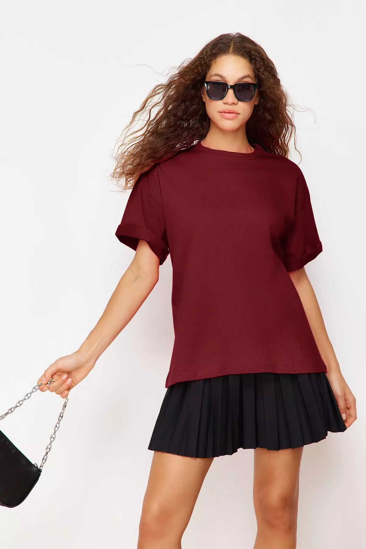 Claret Red 100% Cotton Premium Oversize/Wide Pattern Crew Neck Knitted T-Shirt TWOSS23TS00040