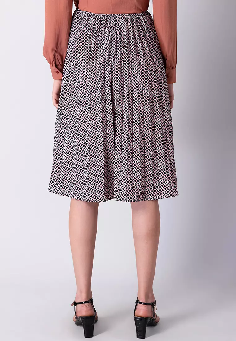 Black Geometric Pleated Midi Skirt